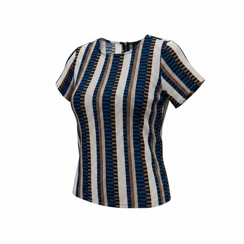 Lumiere Womens Blue White Brown Striped Short Sleeve Zipper Back Blouse Size L